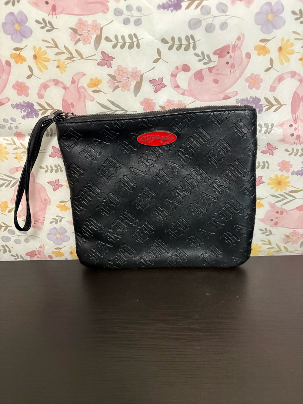 Ed Hardy Black Cosmetic bag. Ed Hardy all over embossed. EUC
